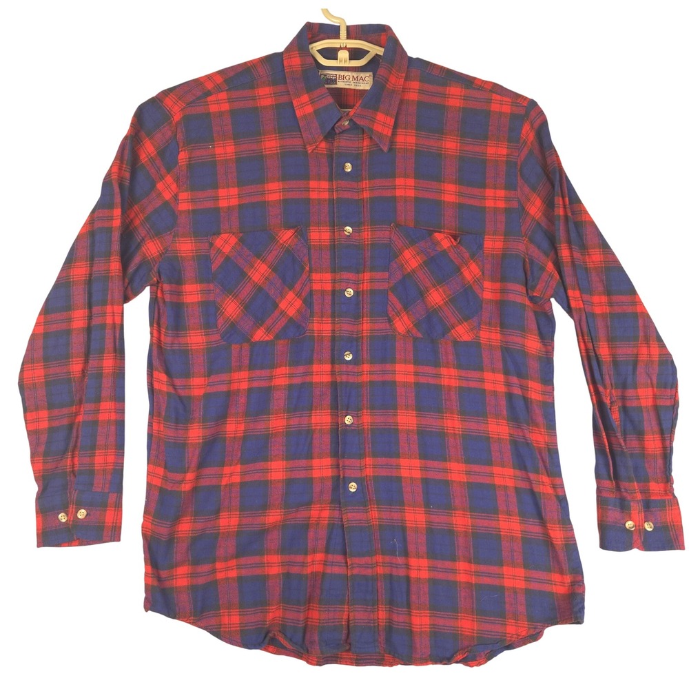 Big Mac Mens Red Navy Blue Plaid Flannel Work Shirt Large 100% Cotton L/S